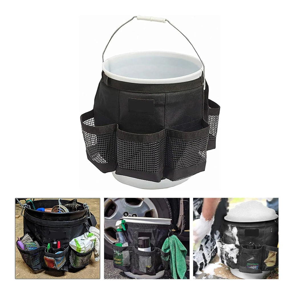 Black cylindrical polyester hanging storage bag fitted on 5 gallon barrel for tool organisation