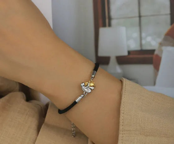 Black electroplated flexible wire woven couple bracelet with angel motif