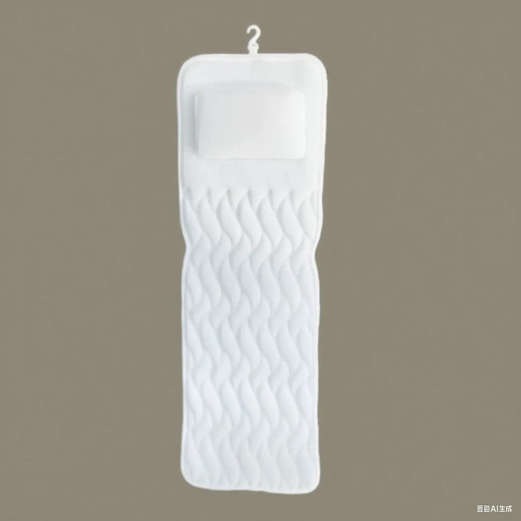 White rectangular bathtub pillow with a textured 3D mesh surface and large white suction cups on the back.