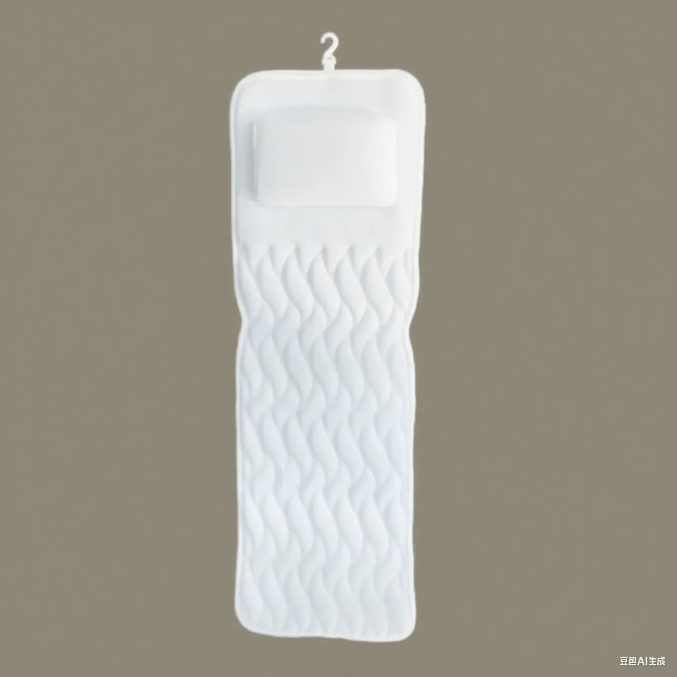 White rectangular bathtub pillow with a textured 3D mesh surface and large white suction cups on the back.