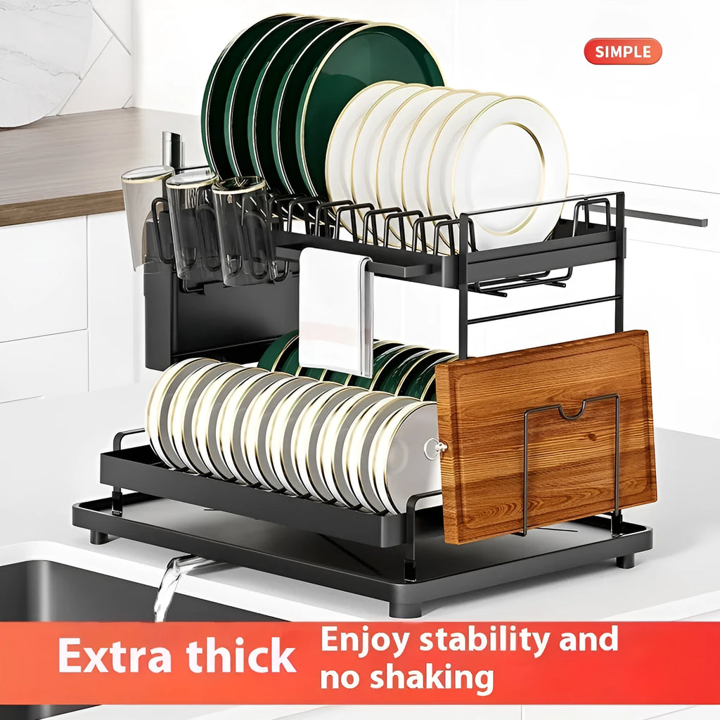 White and black double-layer kitchen storage rack with removable shelves made from carbon steel.
