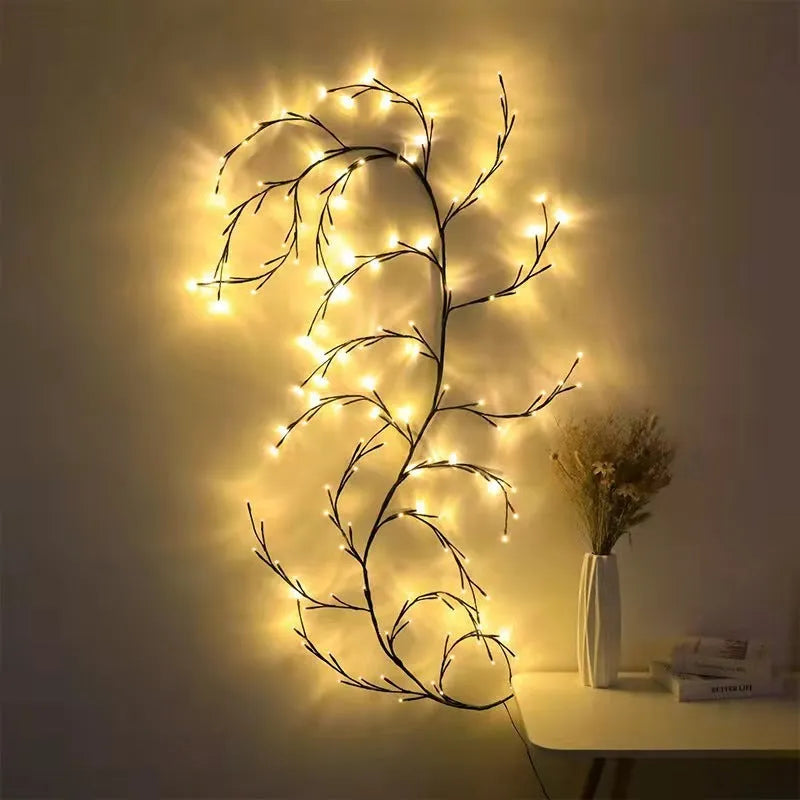Flexible LED willow vine garland with 144 warm white lights and birch bark texture