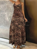 Dark brown leopard print sleeveless dress with round neck and sling shoulder straps