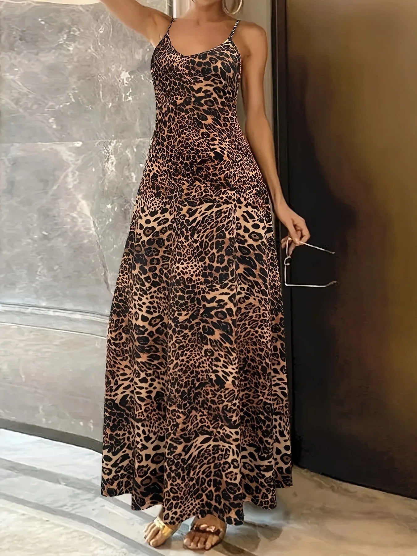 Dark brown leopard print sleeveless dress with round neck and sling shoulder straps
