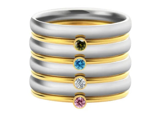 December birthstone engraved titanium steel ring with geometric design in gold and steel tones