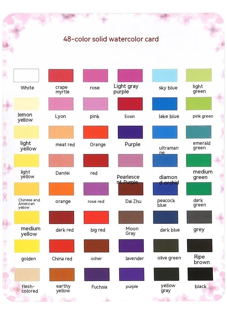 Solid watercolour paint set showing 48 colour pans with black knight, girl pink and sunshine blue shades