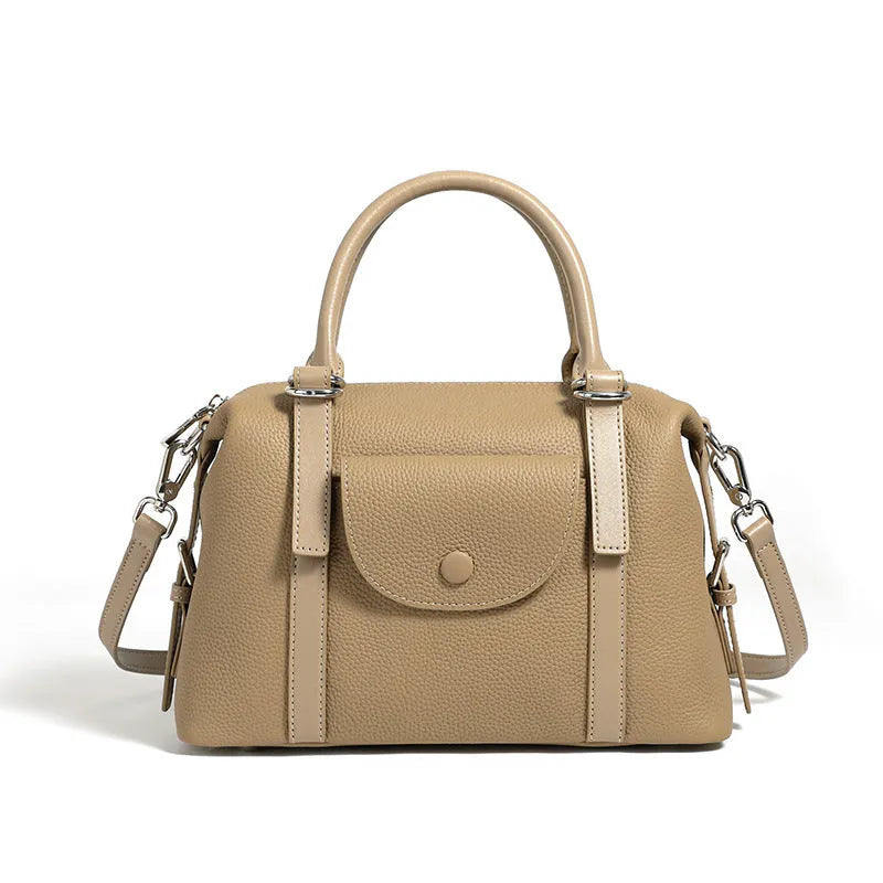 Genuine leather women's handbag in black, grey, or brown with contrast stitching