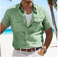 Men's loose fit linen summer shirt in a cotton cardigan style with a polo collar, shown in a solid colour.