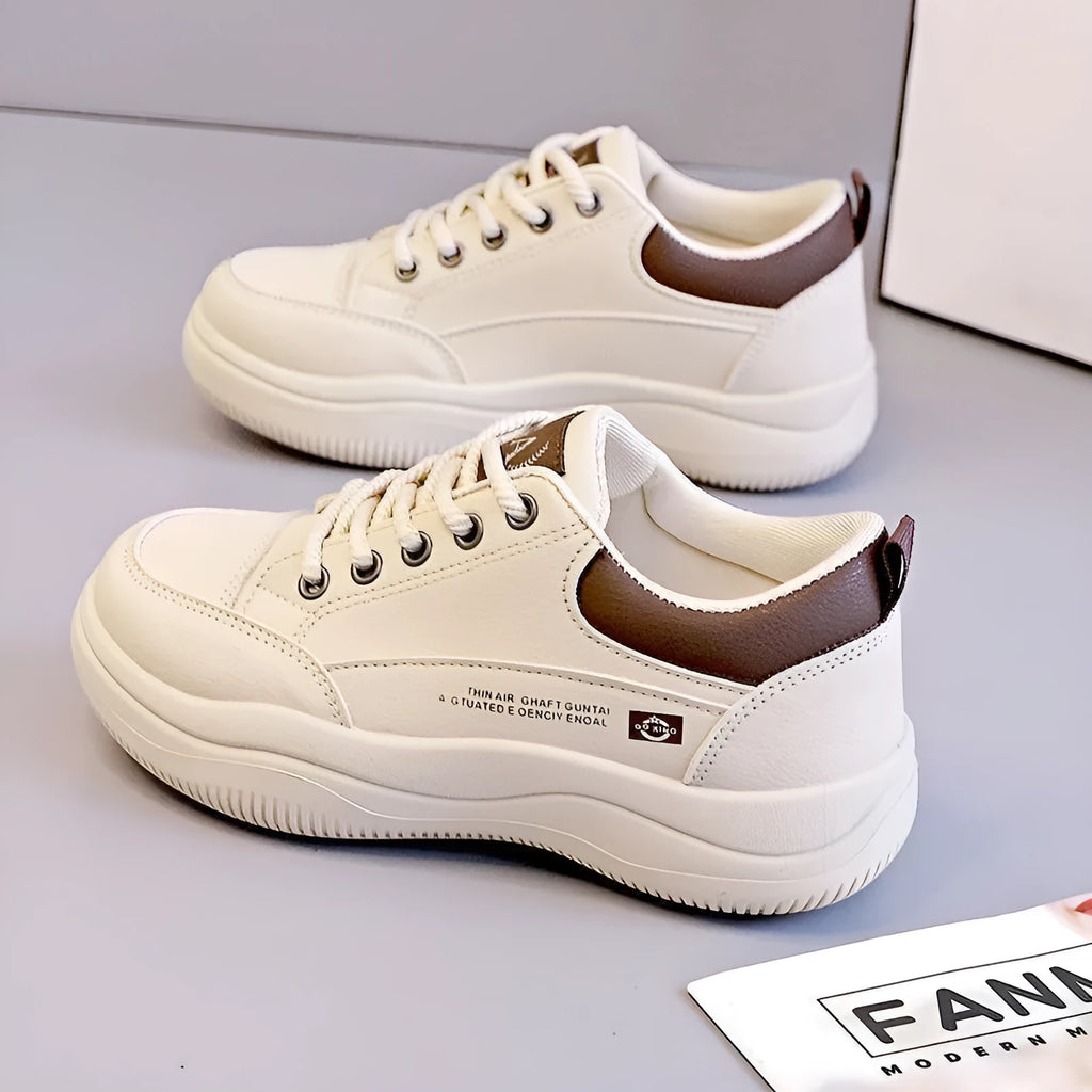 Women's Korean-style leather pumps with cross strap design and round toe in khaki and white colour options