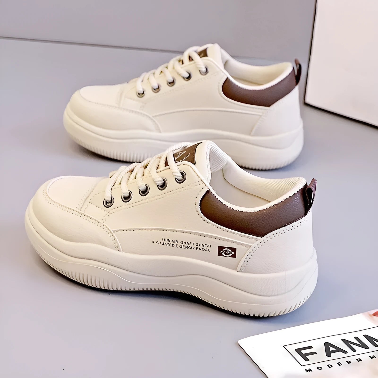 Women's Korean-style leather pumps with cross strap design and round toe in khaki and white colour options