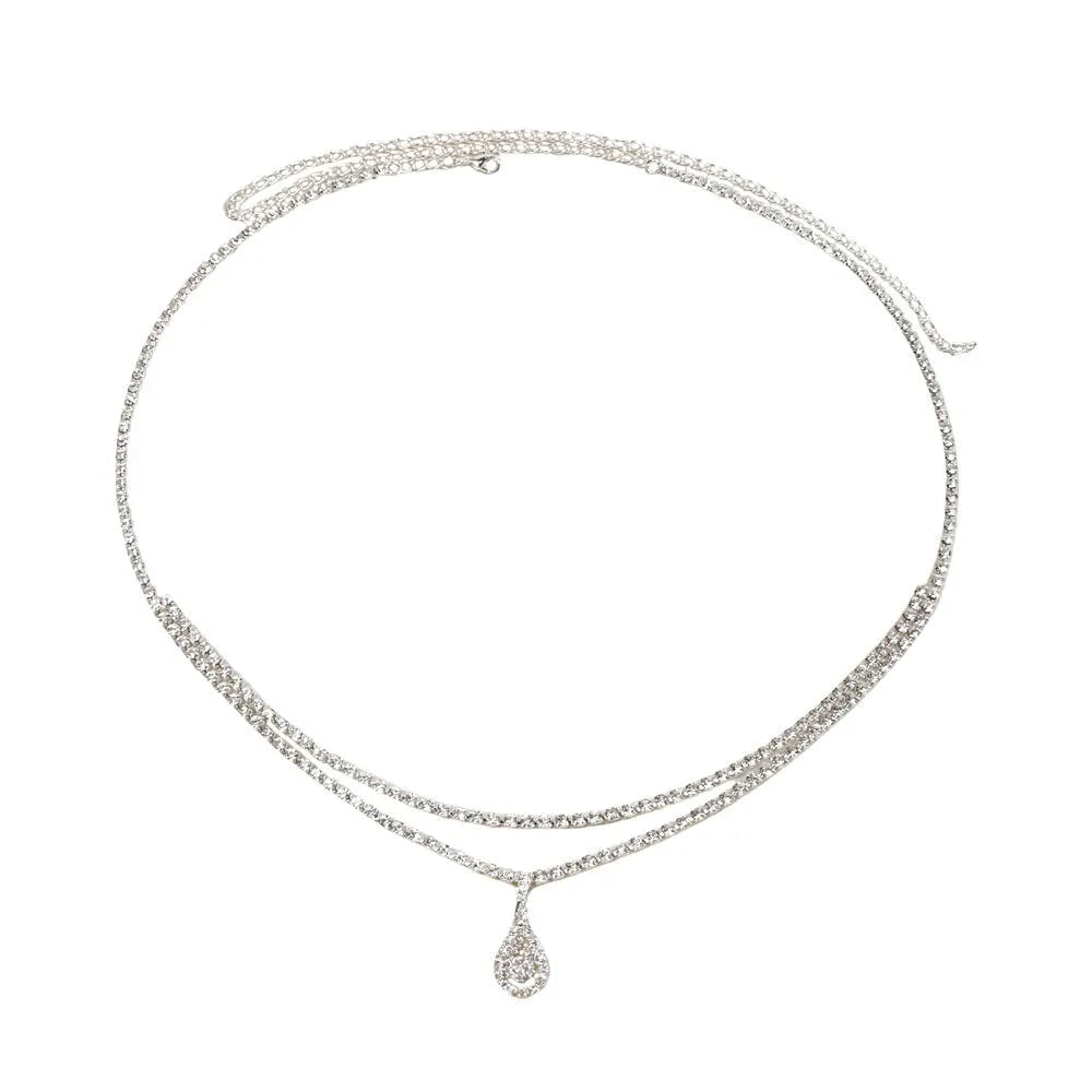 Gold or silver waist chain with water drop pendant and tassel detail, showing lobster clasp closure.