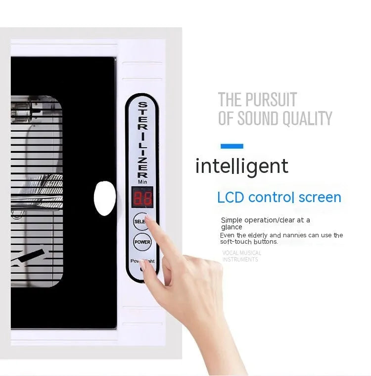 Small silver UV steriliser cabinet for salon tool disinfection with stainless steel chamber.