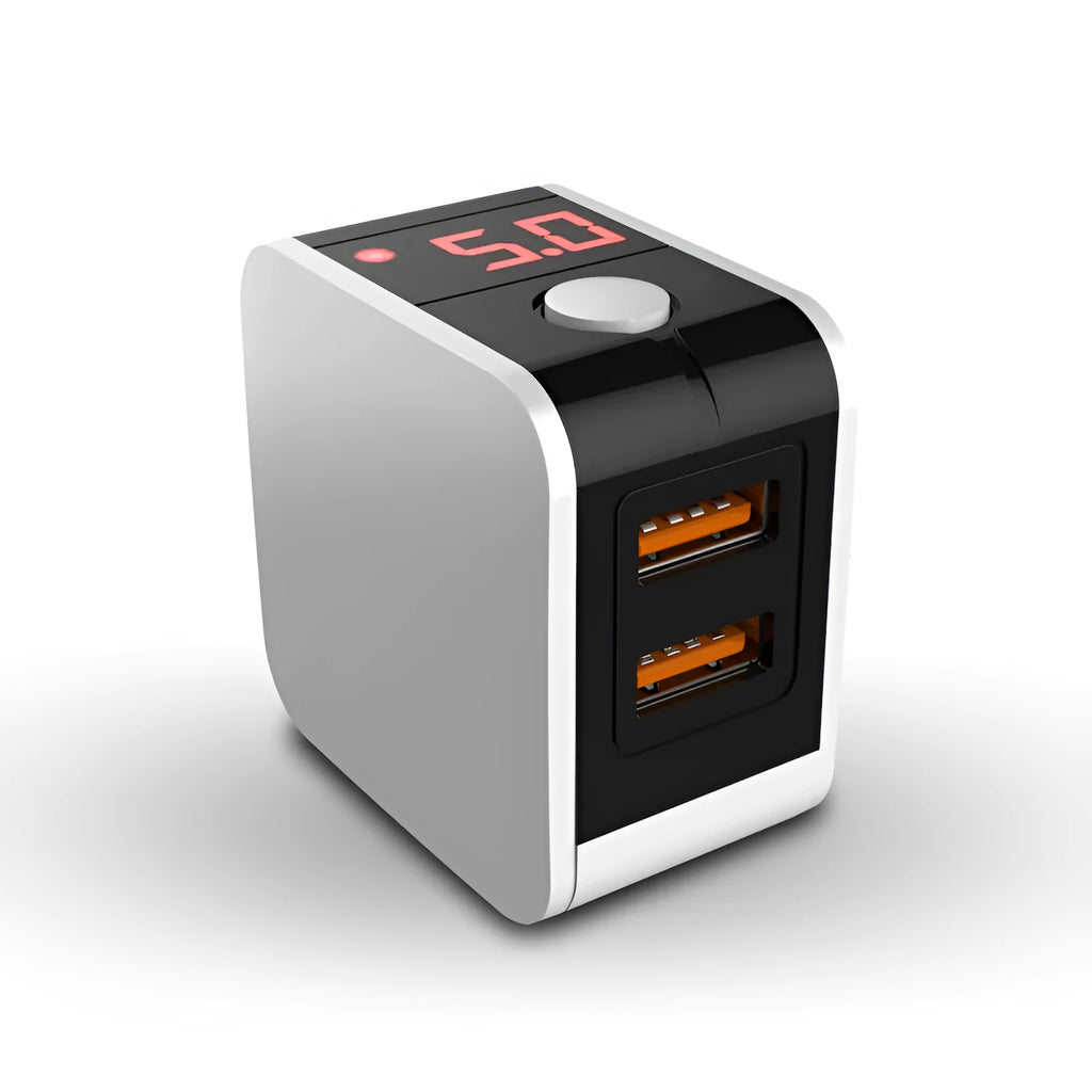 5V2.4A dual USB travel charger with digital display in black, white, and red colour options