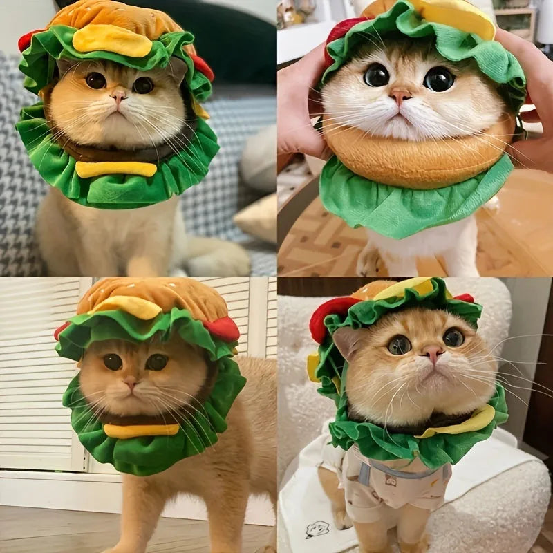Cat wearing burger headdress collar with lettuce details and elastic chin strap