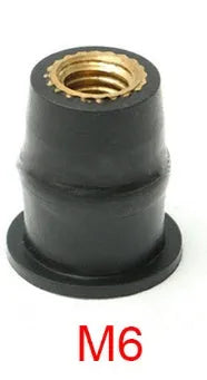 Black rubber motorcycle well nut fasteners with brass threads in M4, M5, and M6 sizes, 10 piece kit.