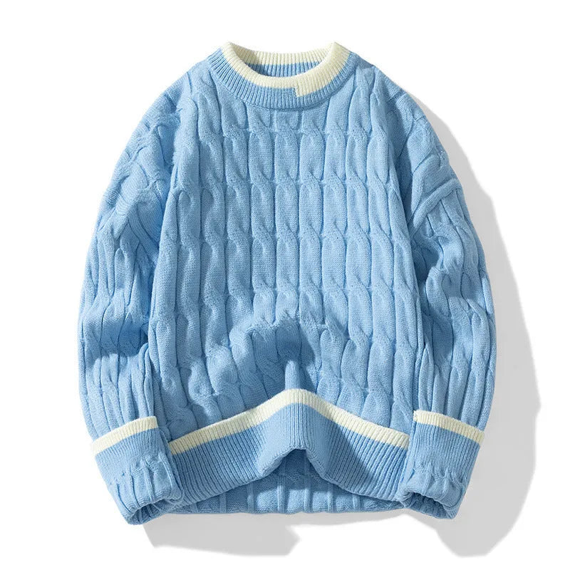 Man wearing a loose fit light blue modal acrylic blend long sleeve pullover sweater