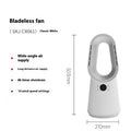 White bladeless tower floor fan with remote control on a stand.