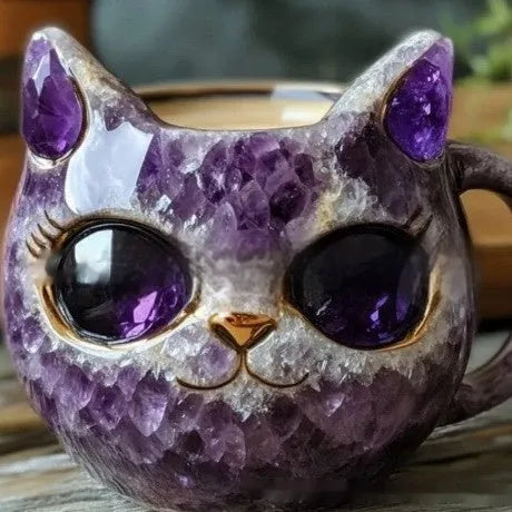 Purple resin geode mug shaped like a crystal cat silhouette on a wooden table.