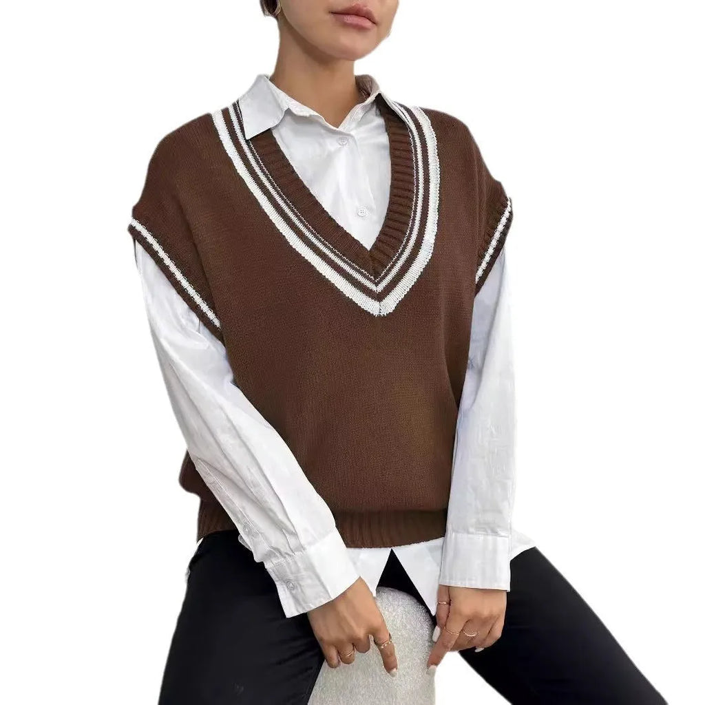 Women's college style wool vest sweater in acrylic polyester blend available in three colours