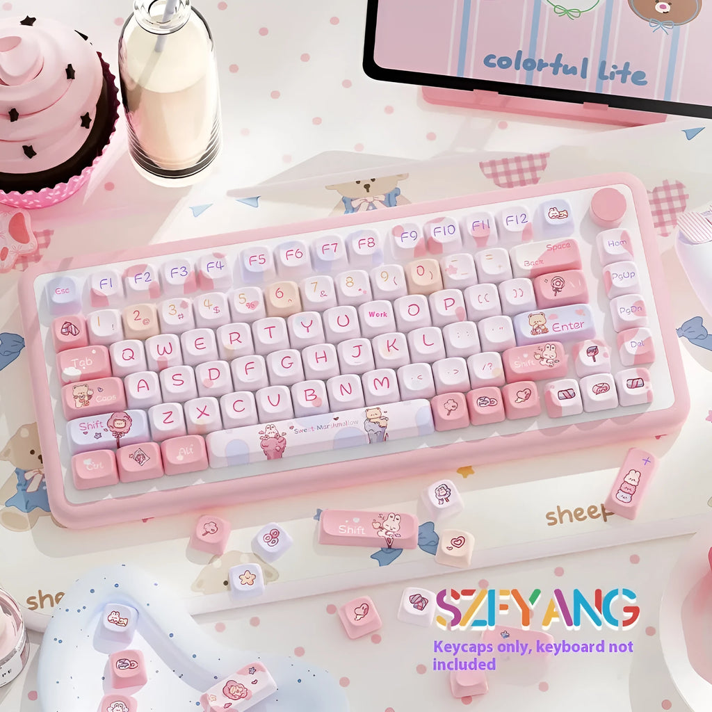 Sweet Cotton Candy pink and white mechanical keyboard keycap set with original character designs