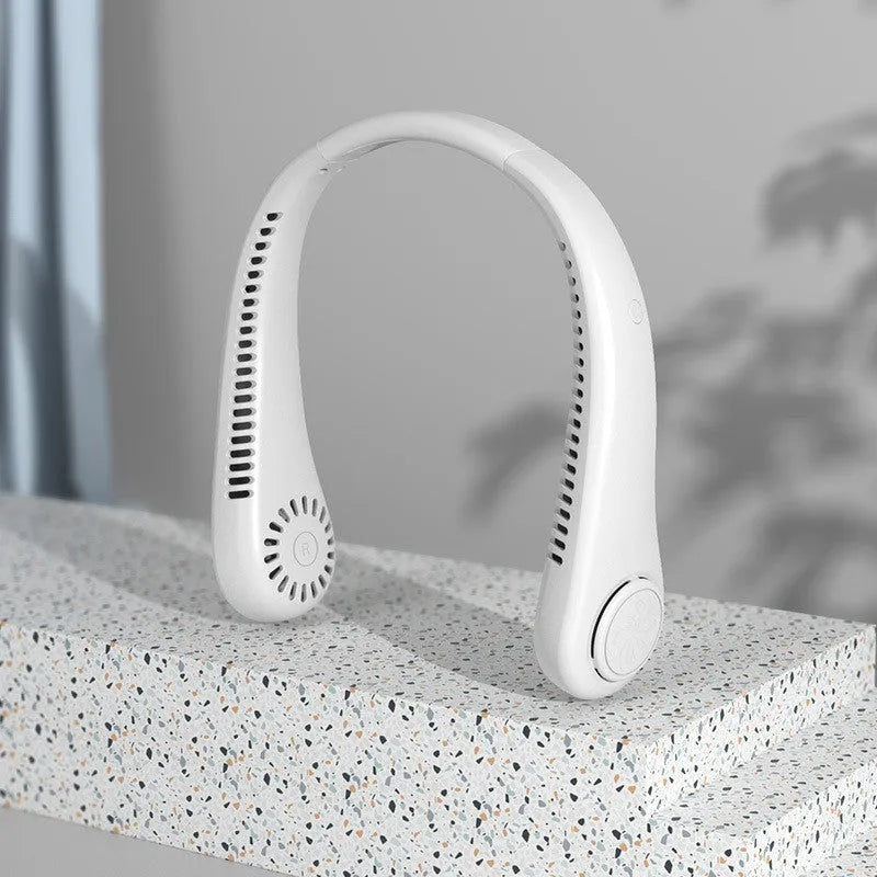 Pink USB rechargeable bladeless neck fan worn around neck, showing flexible band and air vents.