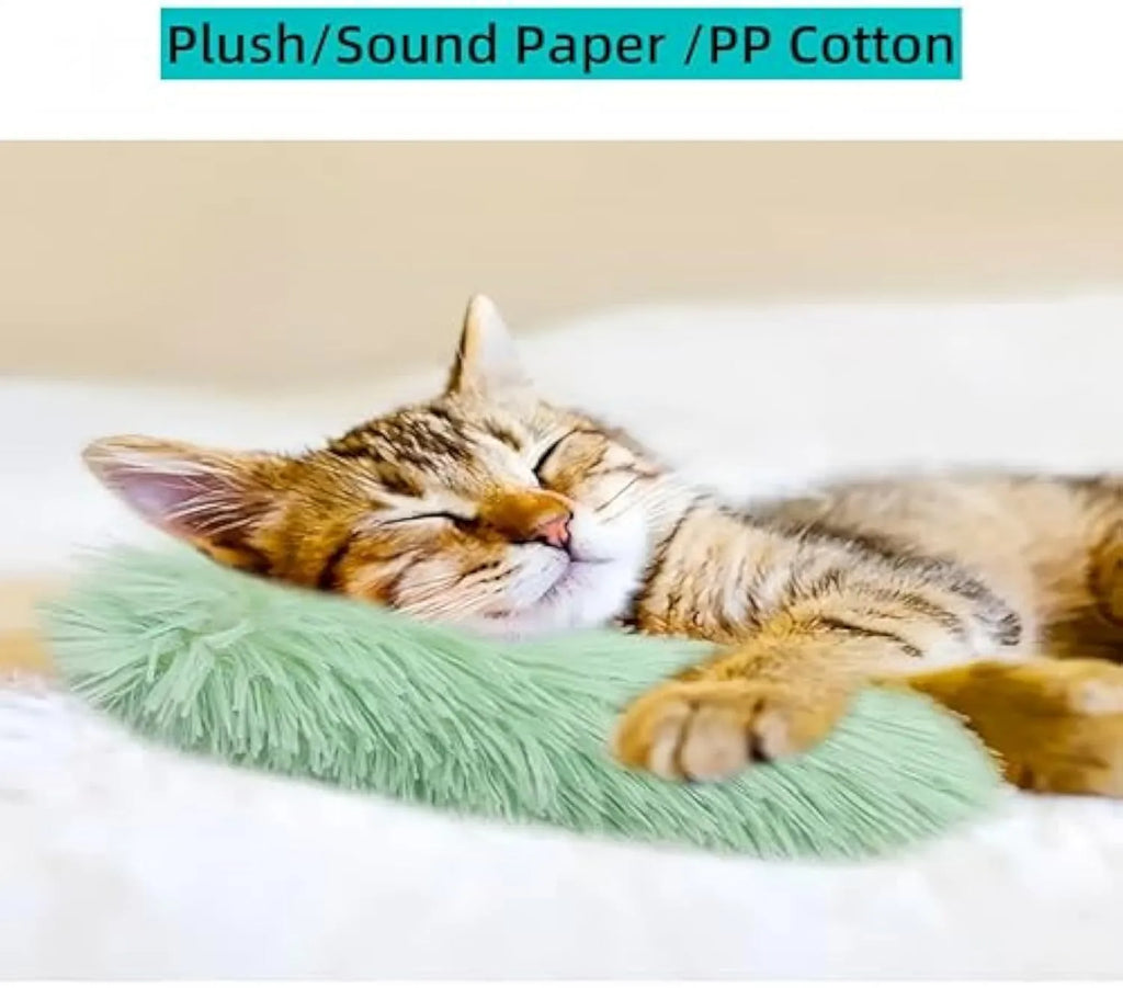Soft plush interactive cat toy pillow with crinkle sound, filled with natural catnip, shown in multiple colour options.