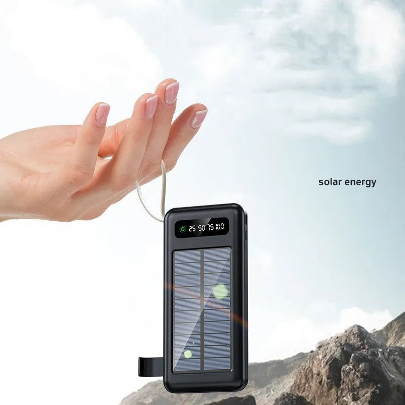 Solar power bank in black or white showing solar panel and compact rectangular design with capacity options