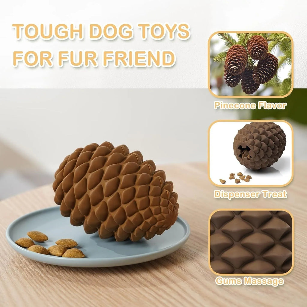 Yellow pine cone shaped dog chew toy with textures and a treat dispenser hole.