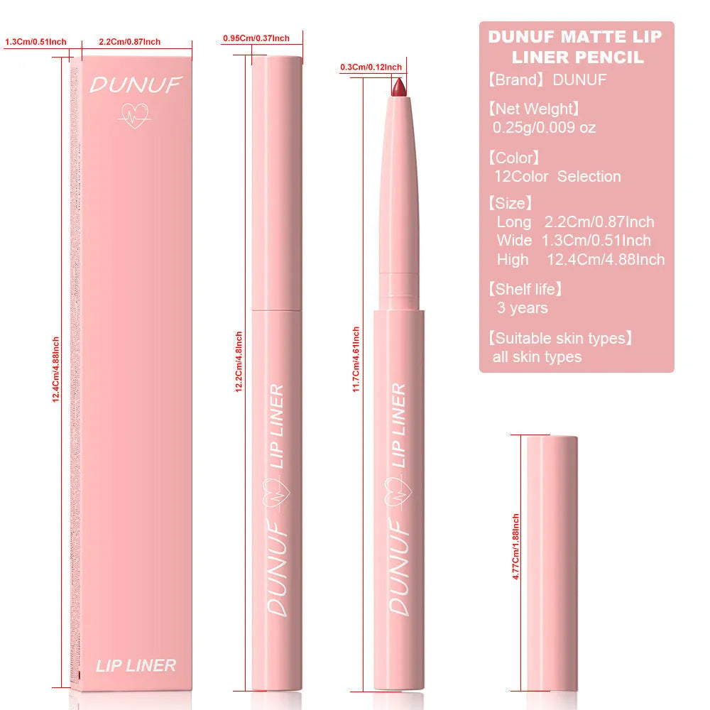 A single velvet matte lip liner pencil shown with 12 different colour shade options.