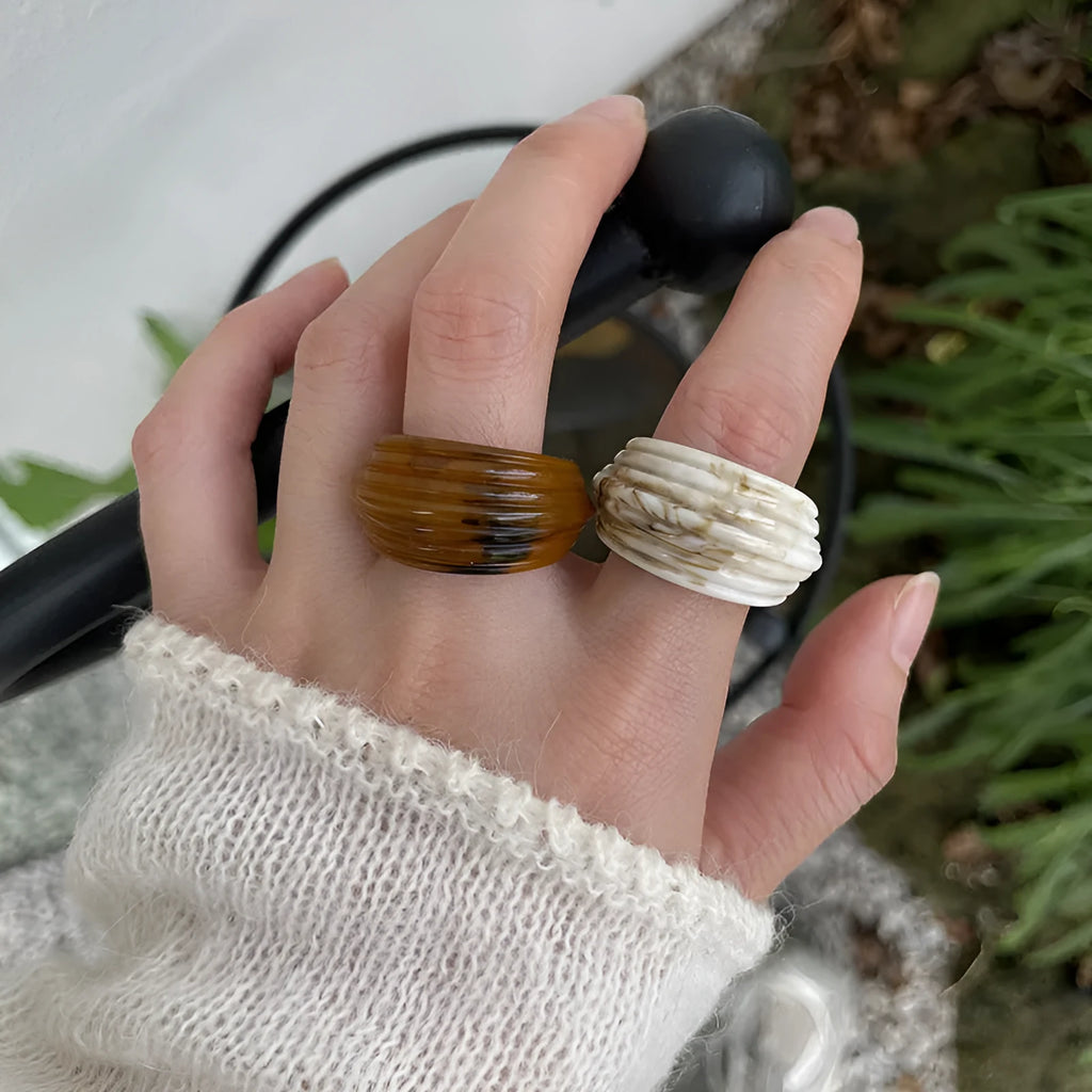 Chinese style irregular resin wide ring in geometric shape with retro colours