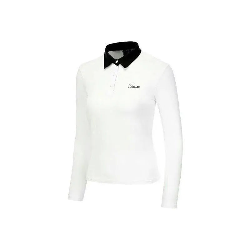 Women's white long sleeve golf top with slim sportswear fit for outdoor activities