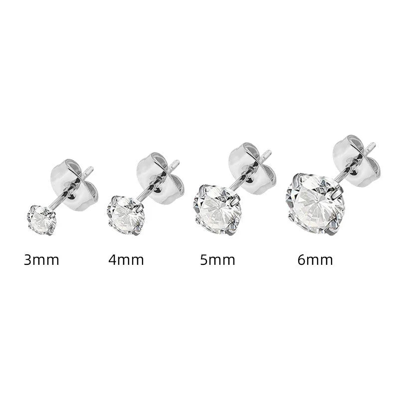 A pair of simple geometric stud earrings made from stainless steel with a zircon stone.