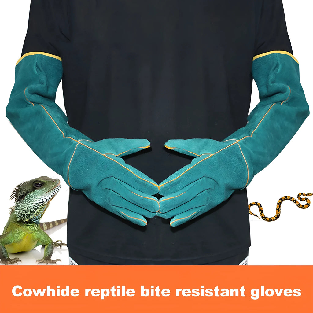 Pair of dark green multi-function anti-bite safety gloves with extended cuffs made from thickened cowhide leather for pet handling.