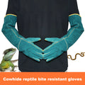 Pair of dark green multi-function anti-bite safety gloves with extended cuffs made from thickened cowhide leather for pet handling.