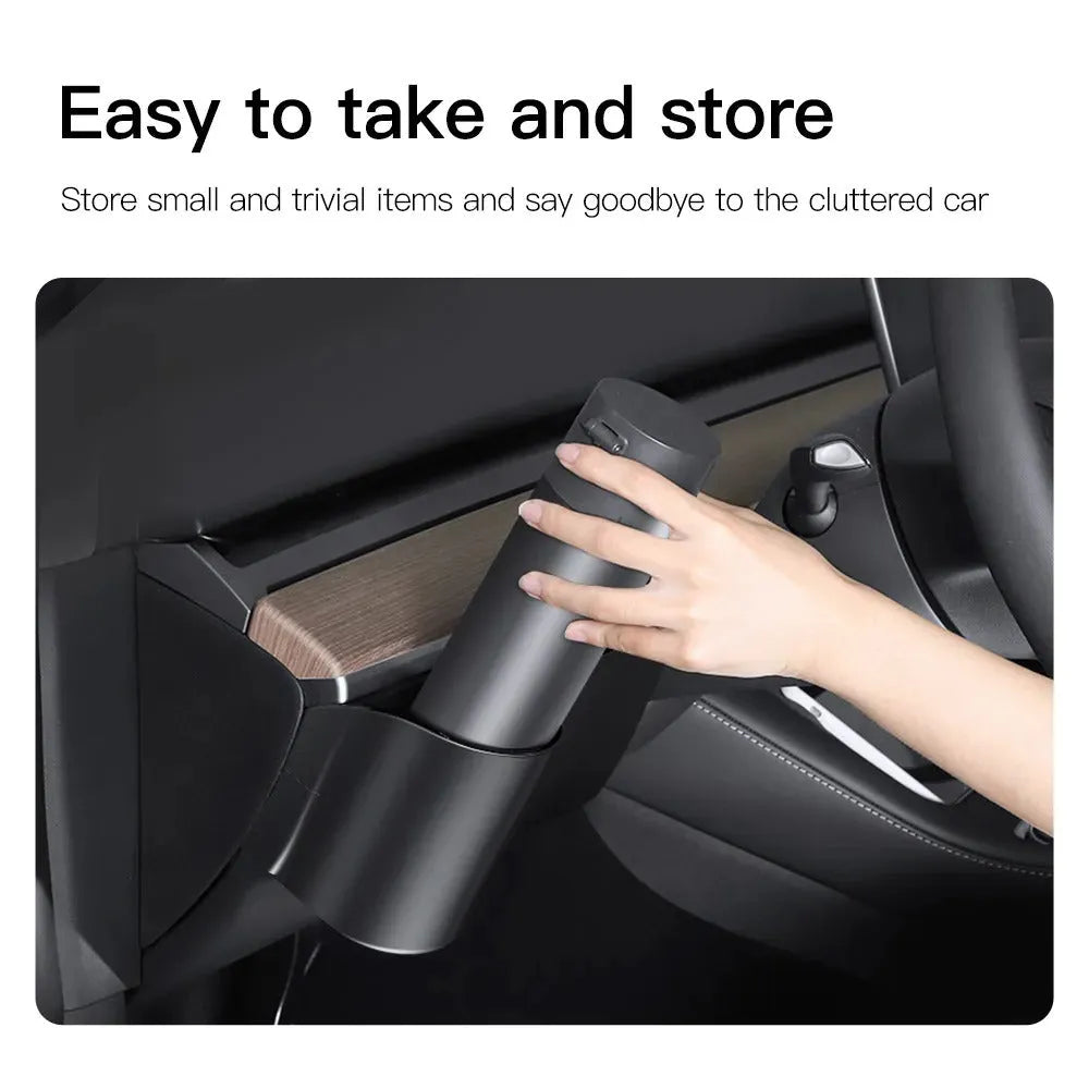 Plastic dashboard water cup holder for left-hand drive Tesla Model 3 and Model Y vehicles.