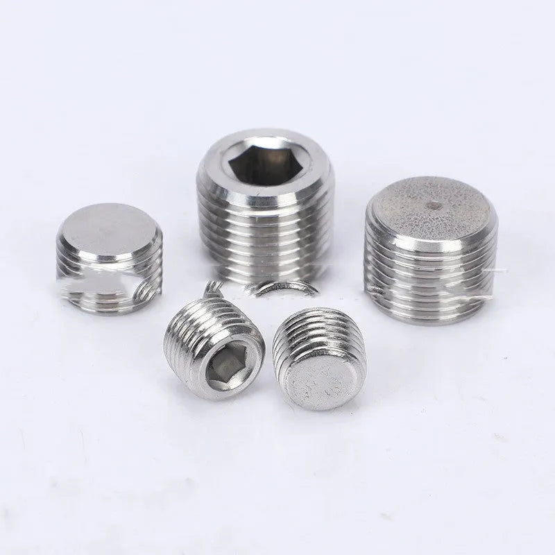 Stainless steel hexagonal head pipe plug for 3/8 inch threaded fittings.
