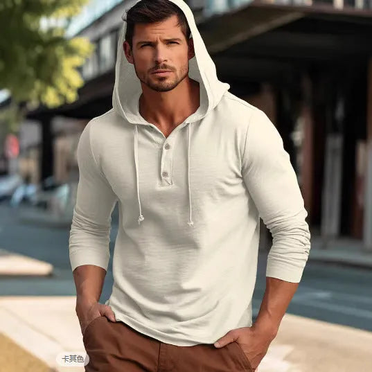Casual cotton sports hoodie top in dark blue, showing front pullover design with hood and long sleeves.