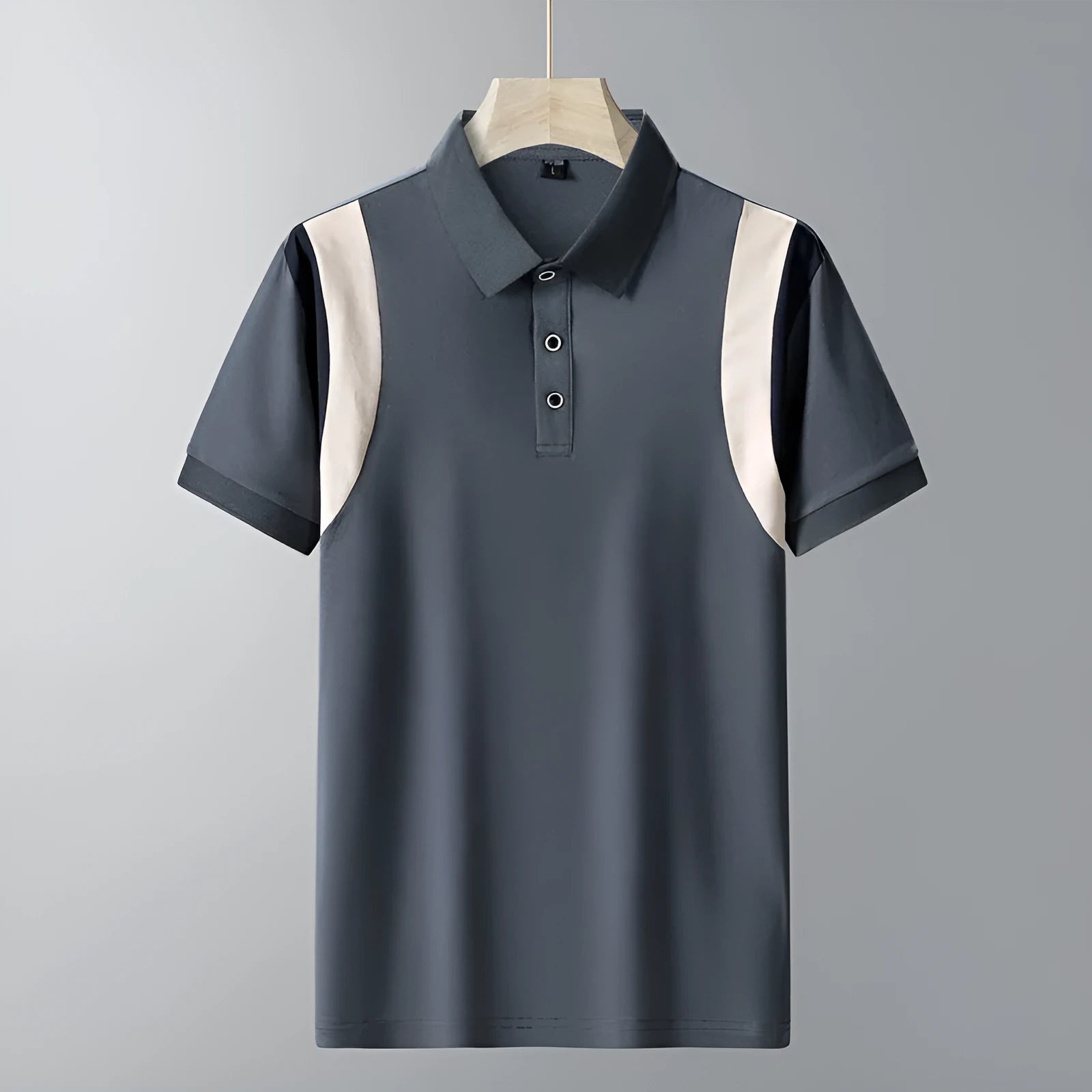 Men's striped short-sleeve T-shirt with V-neck business lapel in thin cotton fabric, shown in grey.