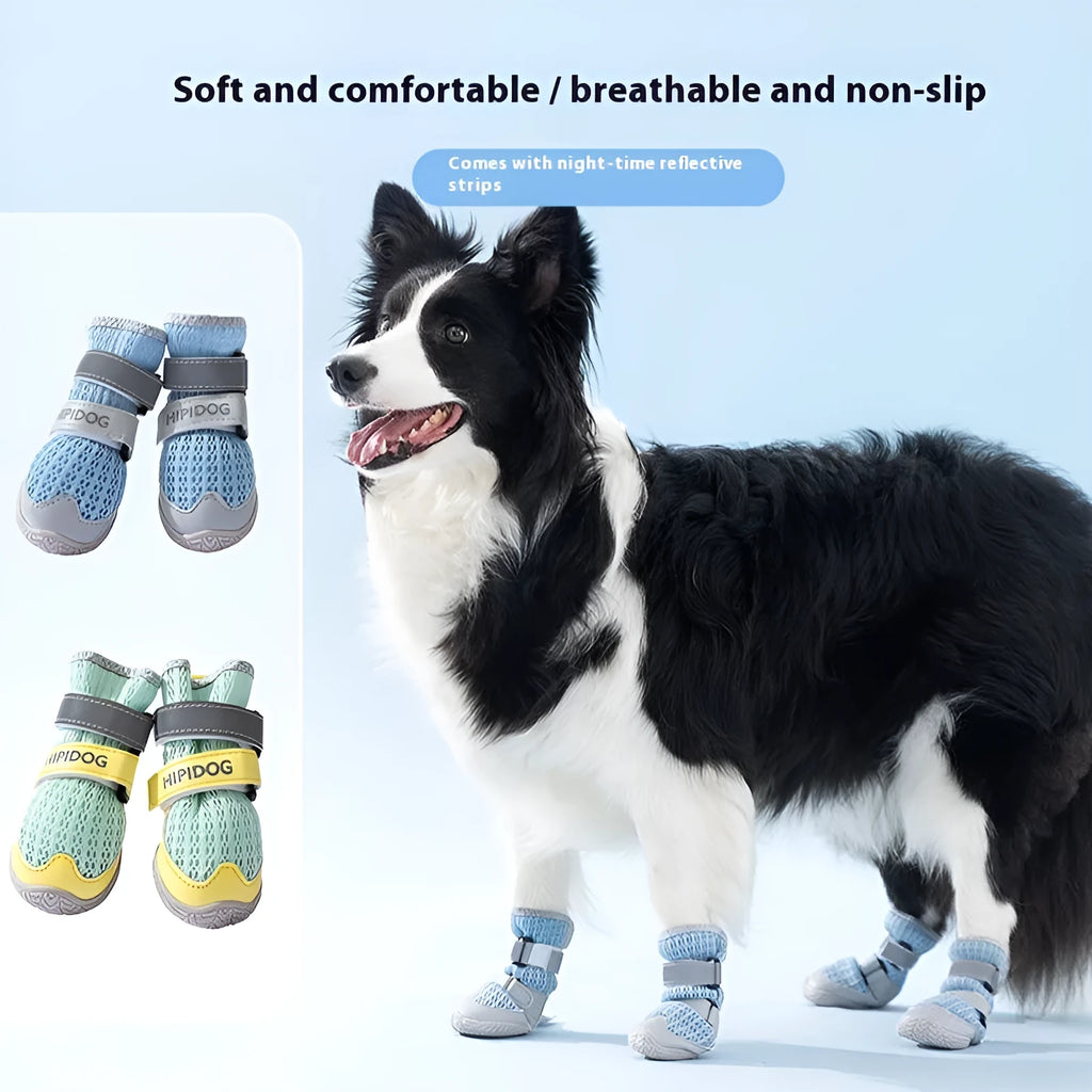 Pair of light blue cartoon-style dog shoes on a white background.