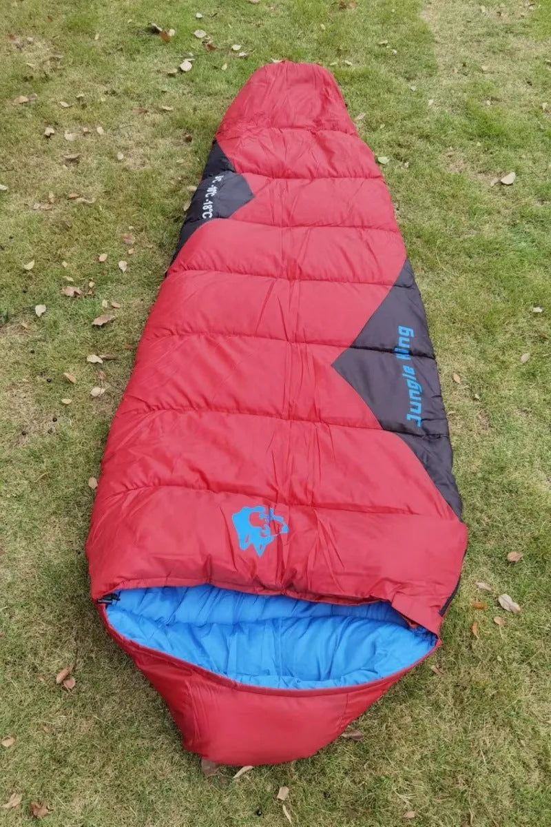 Army green cotton sleeping bag with compression sack for camping, shown with dimensions 230cm by 80cm.