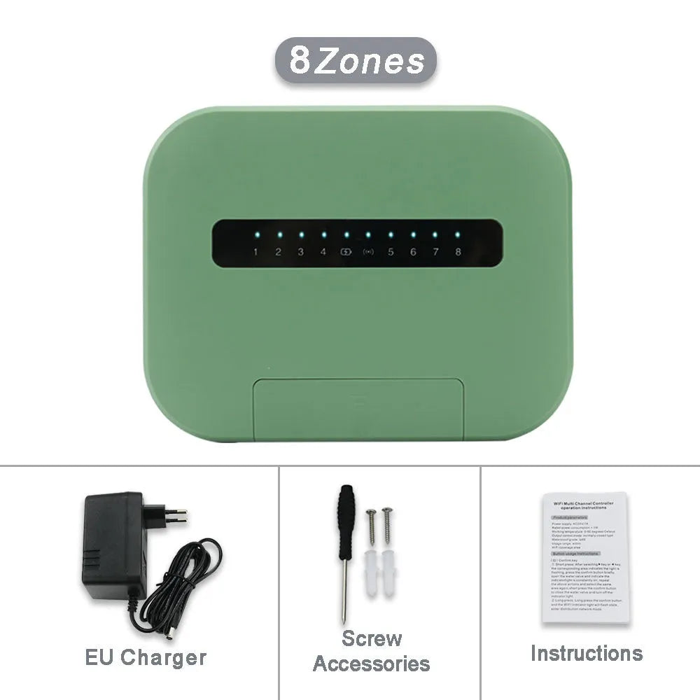 8-way smart water valve irrigation controller with wireless bridge and scheduled watering, available in black, gray, green, white