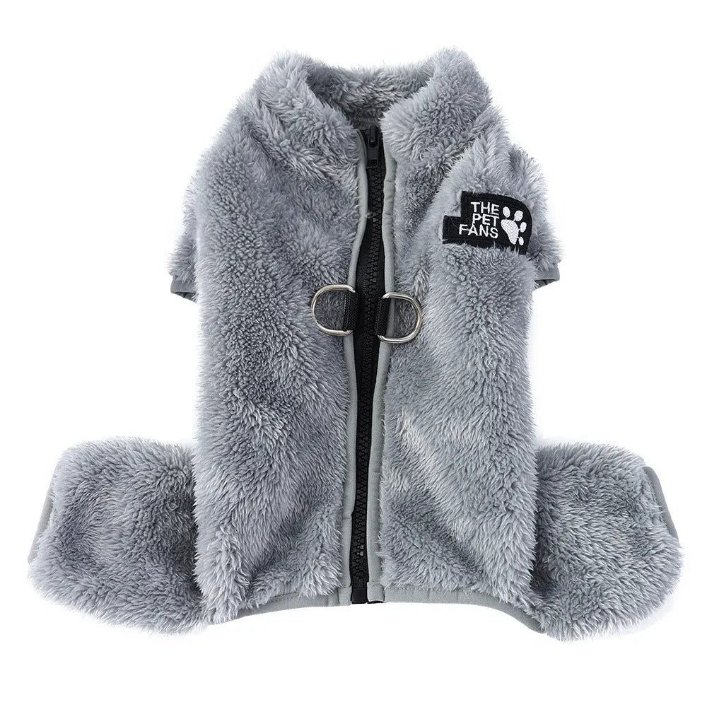 Polyester double-sided plush pet jumpsuit in gray colour for dogs, available in sizes XS to XL