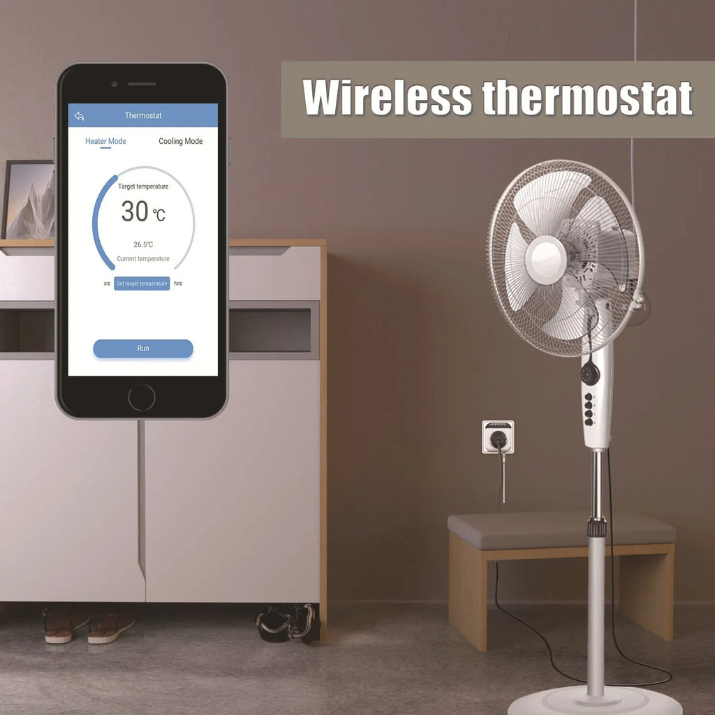 White Tuya smart socket with US 3-pin outlet and a separate temperature sensor probe.