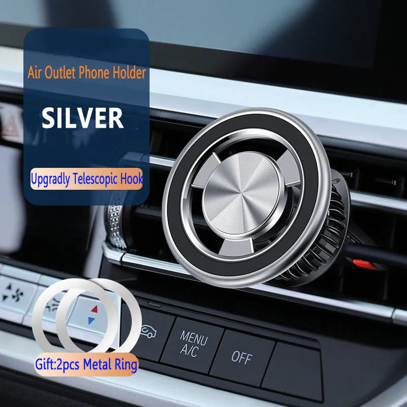 Magnetic car phone holder with snap-on air vent clip in silver or black colour
