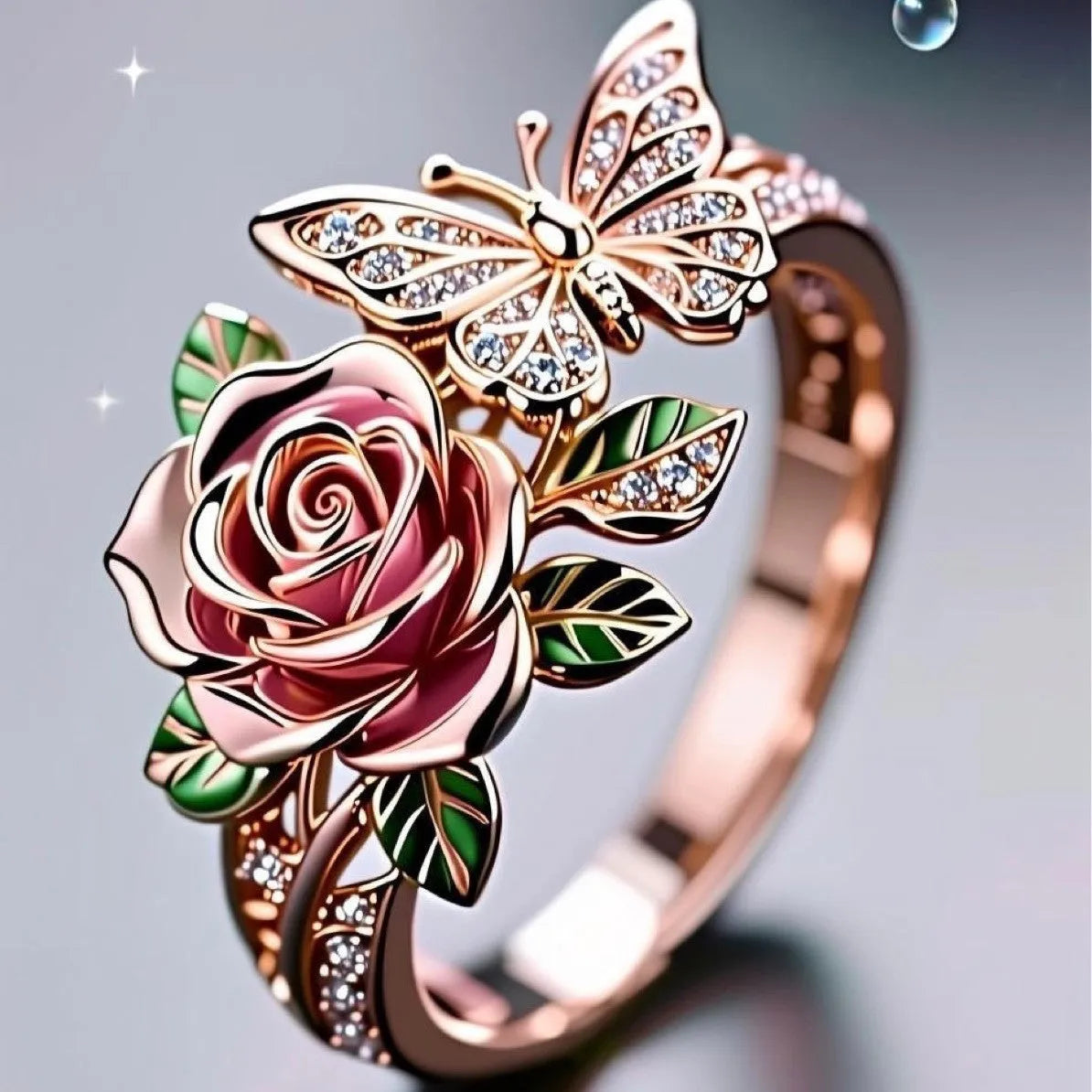 Adjustable fairy style ring with colourful oil-drip butterfly pendant and floral elements