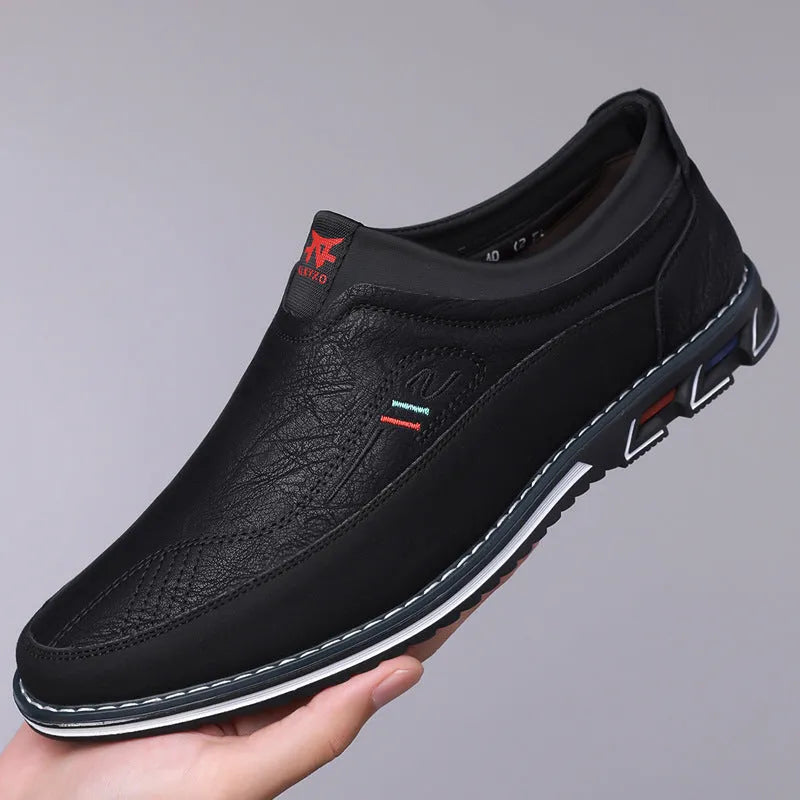 Men's low-top leather casual shoes in various colours with rubber sole and leather toe cap detail.