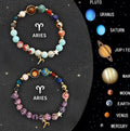 Set of two natural stone beaded bracelets with metal zodiac charms on an adjustable elastic cord.