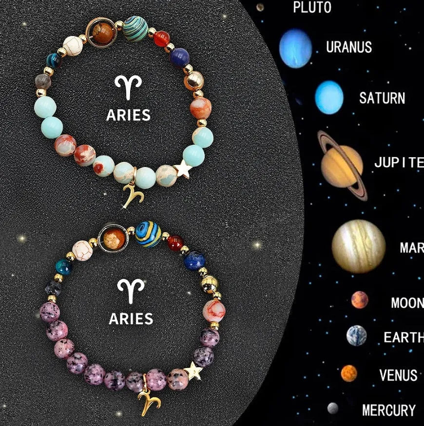 Set of two natural stone beaded bracelets with metal zodiac charms on an adjustable elastic cord.