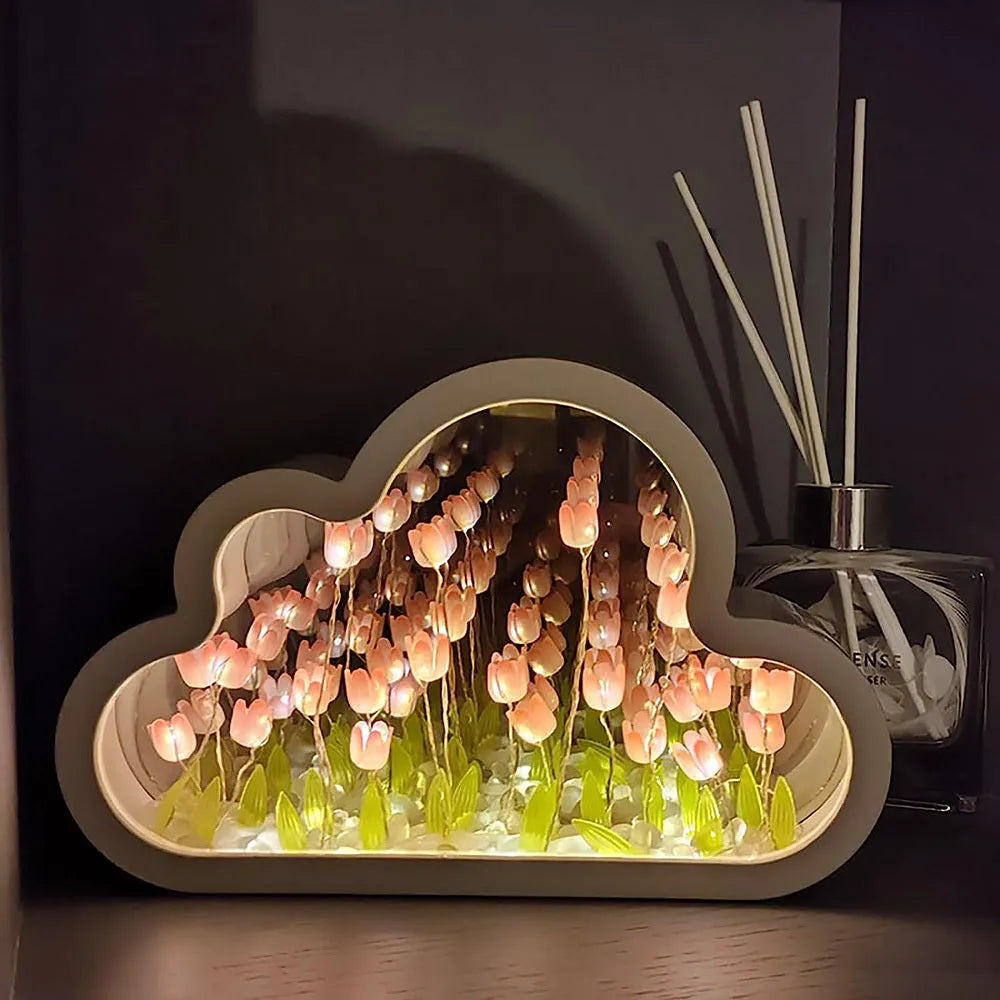 Tulip night lamp DIY kit with pink cloud tulip LEDs and mirror face on a desk