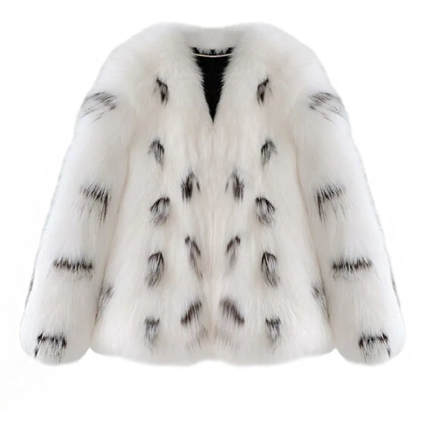 Women's black and white faux fur coat with Korean-style slim fit and 40cm length